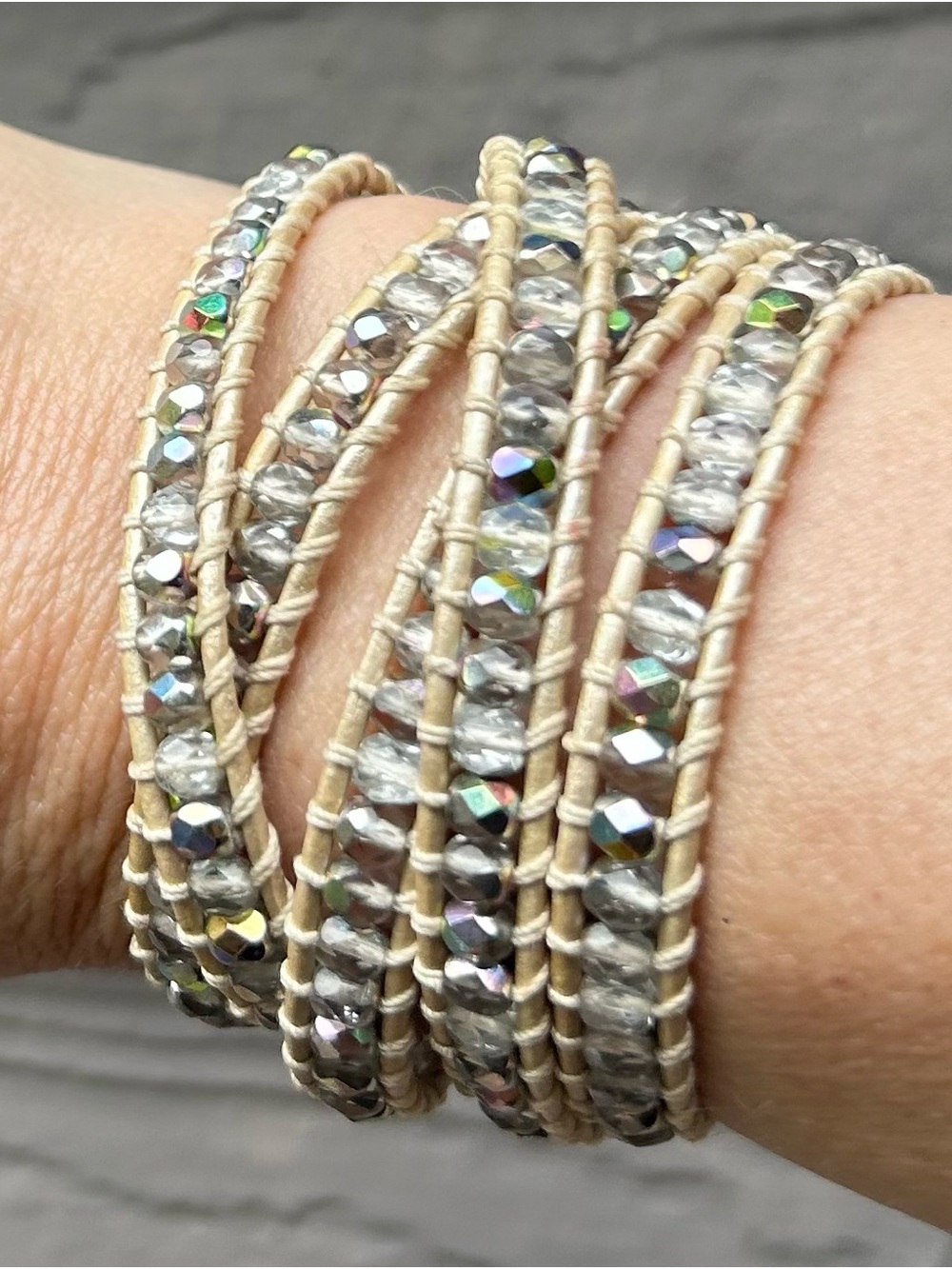 NWOT Beige Leather Wrap Bracelet with Iridescent Crystal Beads